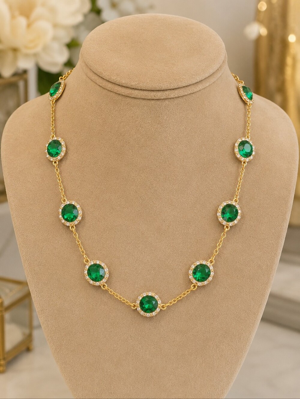 Gloria Vanderbilt Gold-Tone Necklace with Emerald Green Crystal Stations